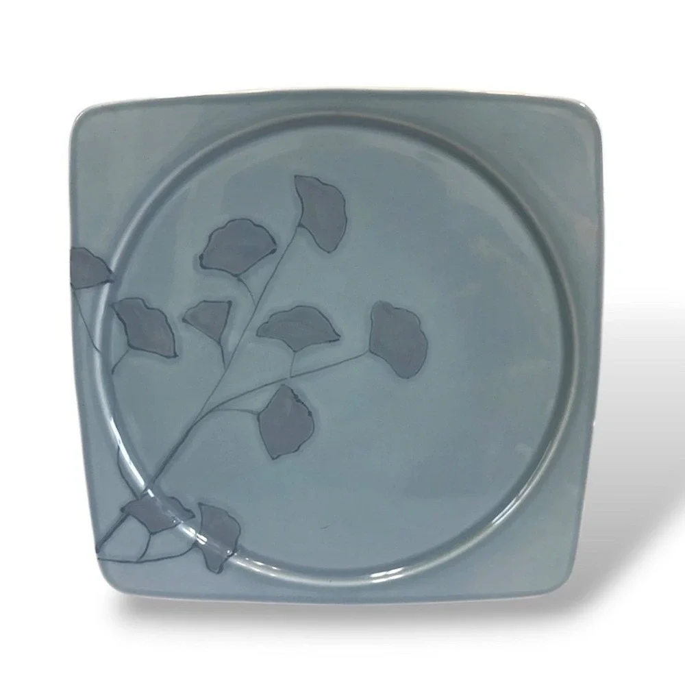 Pier 1 Square Earthenware Gingko Serving Platter Blue Flower Leaves Portugal 12